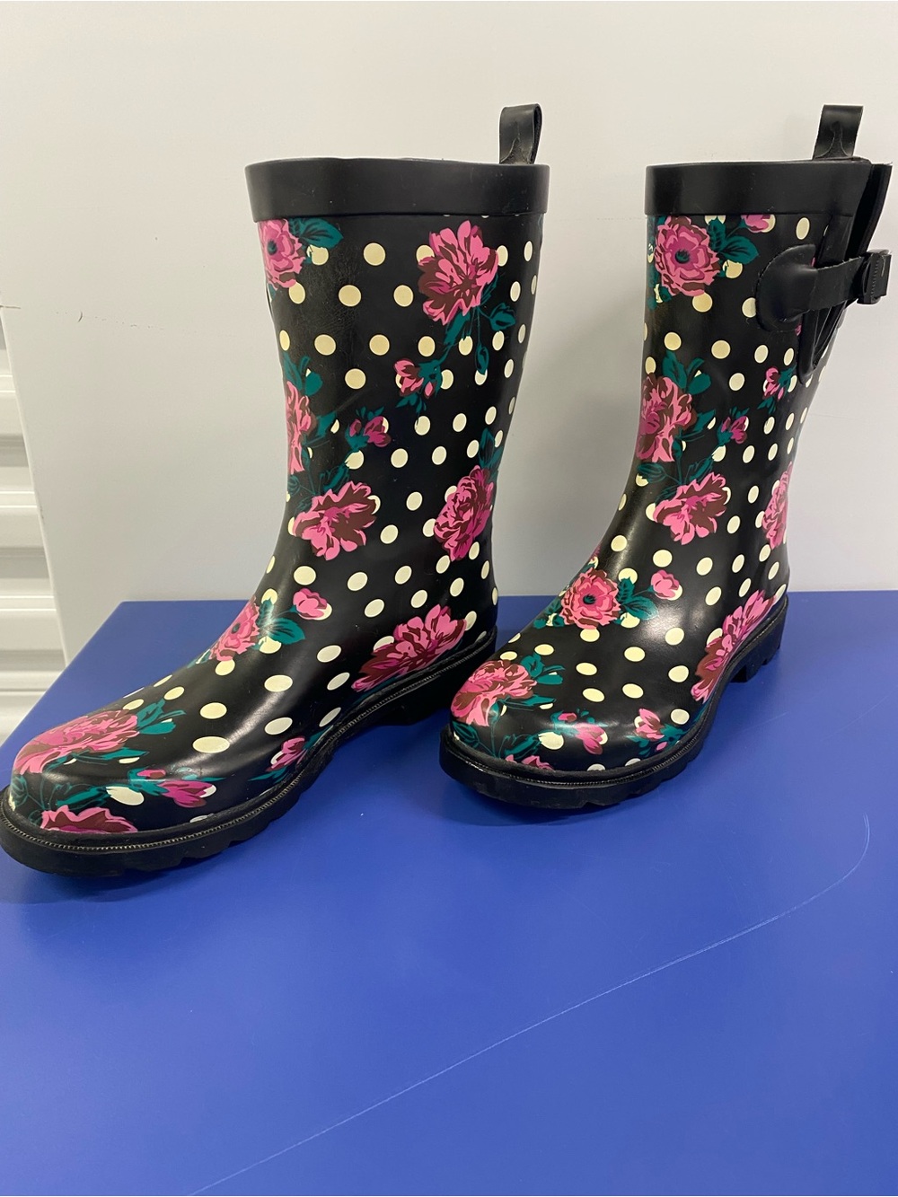 Capelli Women’s size 8 Black Floral Polka Dot Rain Boots - Pink Accents